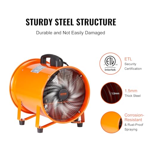 VEVOR Portable Utility Blower Fan, 8 Inch 195W 1070 CFM Heavy Duty Cylinder Axial Exhaust Fan with 33ft Duct Hose, Industrial Ventilator for VEVOR