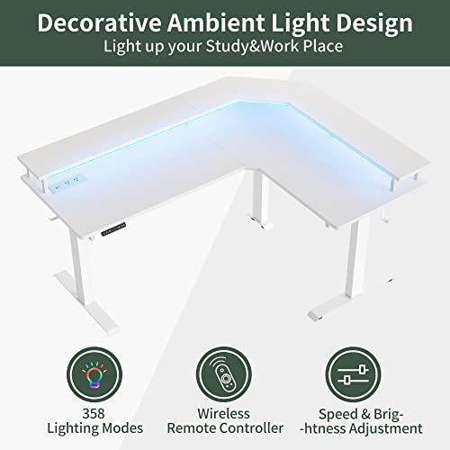 FEZIBO 63" Triple Motor L Shaped Standing Desk with LED Strip & Power Outlets, Height Adjustable Stand up Corner Gaming Desk with Ergonomic Monitor FEZIBO
