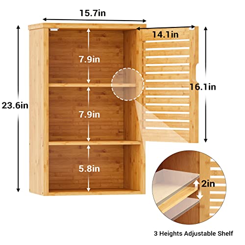 VIAGDO Bathroom Wall Cabinet, Wooden Medicine Cabinet with Single Door and Adjustable Inner Shelf, Bamboo Storage Cabinet Wall Mounted, Over The