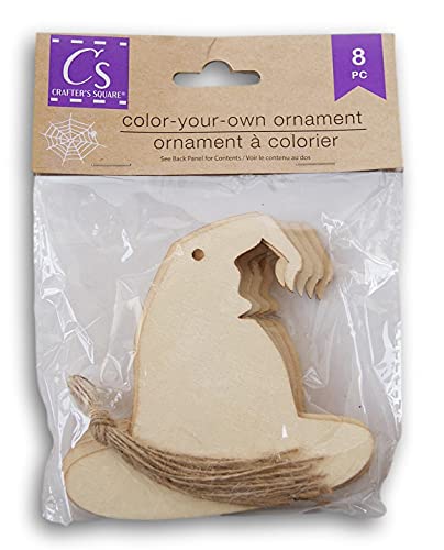 Spooky Town Wood Cutout Color-Your-Own-Ornament Halloween Craft - 3.5 Inches Tall - 8 Pieces with Twine Hangers (Witch's Hat)