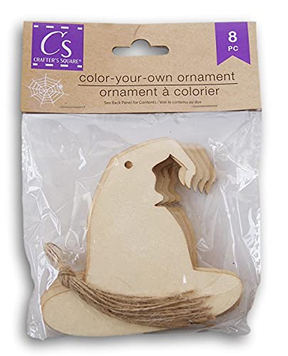 Spooky Town Wood Cutout Color-Your-Own-Ornament Halloween Craft - 3.5 Inches Tall - 8 Pieces with Twine Hangers (Witch's Hat) Spooky Town