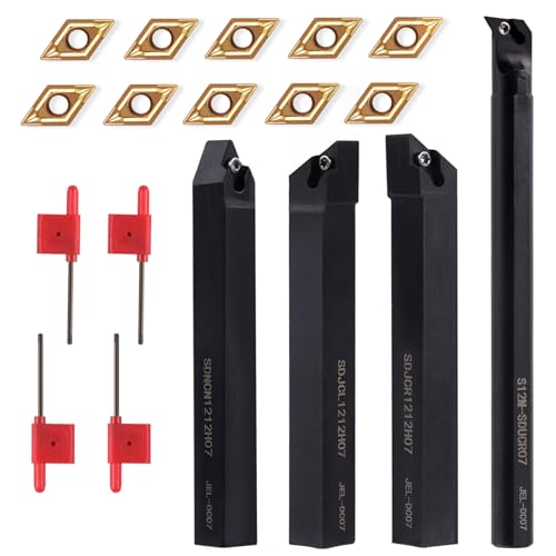 Gluwoer Indexable Lathe Turning Tool 1/2" Shank 14PCS Kit-4PCS Metal Lathe Tools Holder 10PCS DCMT21.51 Carbide Insert for Turning Boring Grooving - WoodArtSupply