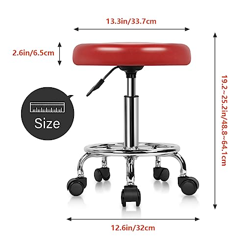 KKTONER PU Leather Modern Round Rolling Stool with Footrest Height Adjustable Spa Drafting Salon Tattoo Work Massage Stools Task Chair Small (Red) - WoodArtSupply