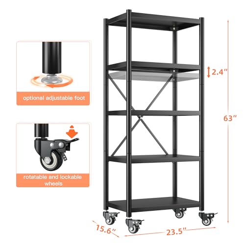 REIBII 5-Tier Heavy Duty Storage Shelves with Wheels - Adjustable Metal Shelving Unit for Garage and Pantry REIBII