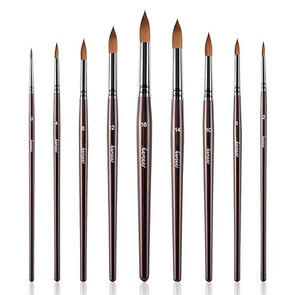 Sable Watercolor Brushes, Fuumuui 9pcs Detail to Mop Kolinsky Sable Brushes Round Pointed Professional Watercolor Brushes Perfect for Watercolor - WoodArtSupply