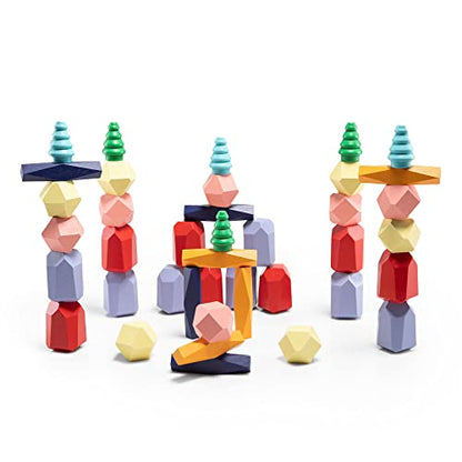 BUIL-D-FUN 40 Pcs Wooden Stacking Rocks Kids Toys, Montessori Toys for 2-6 Years Old Toddlers Kids, XL Rocks, Sensory Stem Building Stones, Balancing