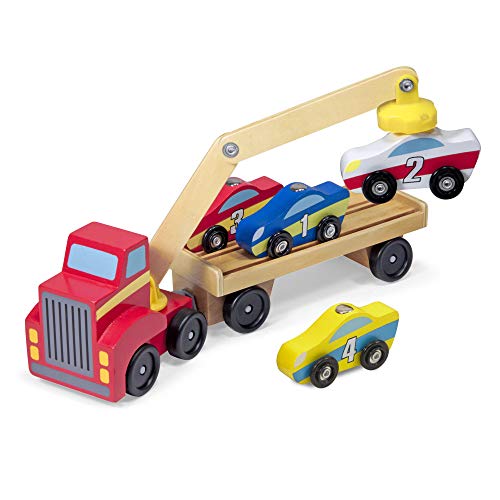 Melissa & Doug Magnetic Car Loader Wooden Toy Set With 4 Cars and 1 Semi-Trailer Truck - Crane Wooden Toy, Vehicle Toys For Kids Ages 3+ Melissa & Doug