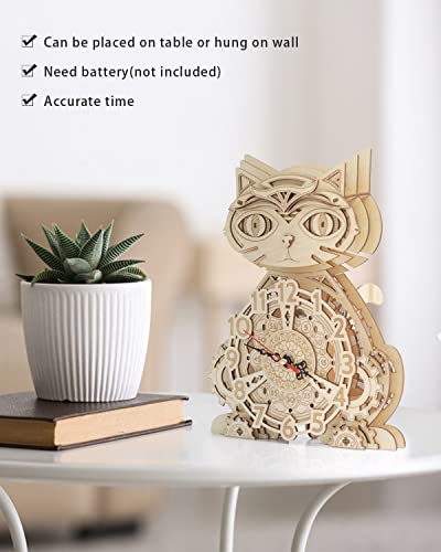 Wooden 3D Puzzles for Adults Model kit Cat Clock Kids Wall Clock Decor for Birthday Gift/Christmas Day Jigtoy