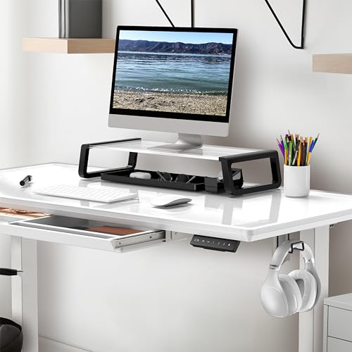 SHW 48-Inch Glass Electric Height Adjustable Desk with Monitor Riser and Drawer, White SHW