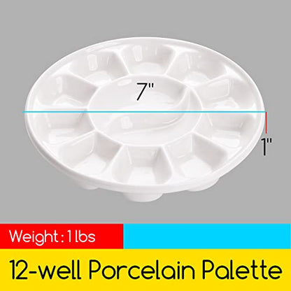 MEEDEN 12-Well Round Porcelain Watercolor Paint Palette for Watercolor Gouache Acrylic Oil Painting, 7-Inch - WoodArtSupply