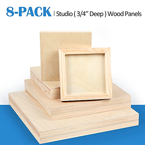 Unfinished Birch Wood Canvas Panels Kit, Falling in Art 8 Pack of 4 Sizes Studio 3/4’’ Deep Cradle Boards for Pouring Art, Crafts, Painting, and More Falling in Art
