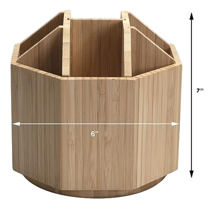 Bamboo Rotating Utensil Holder & Kitchen Organizer, Multiple Compartments, 8 Sections, store Forks, Serving Spoons, Knives, and other cooking tools
