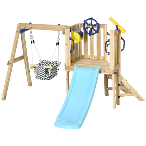 Outsunny 3 in 1 Wooden Swing Set Outdoor Playset with Baby Swing Seat, Toddler Slide, Captain's Wheel, Telescope, Kids Backyard Playground Equipment,