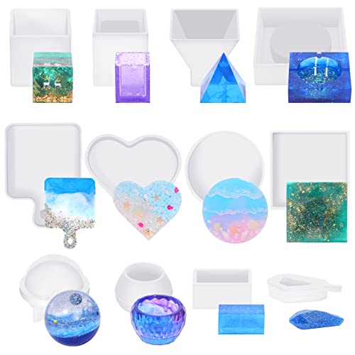 KISREL Resin Molds Silicone Kit 12PCS, Epoxy Resin Molds, Resin Mold Including Cube, Pen Container, Pyramid, Ashtray, Tray, Love, Round, Square, - WoodArtSupply