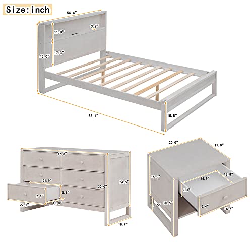 3-Pieces Bedroom Sets Full Size Platform Bed with Nightstand and Dresser, Wood Platform Bed with USB Charging Ports & Socket on The Headboard,