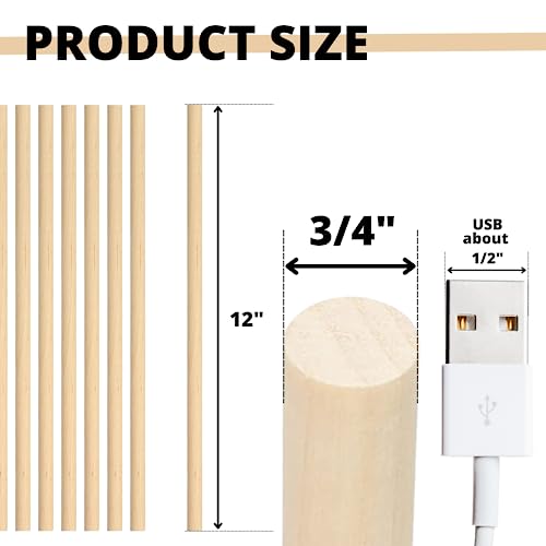 Pack of 4 Dowel Rods 12 Inch Unfinished Wood for Crafting 3/4 Inches Wood Craft Sticks Wooden Dowels for Crafts Bamboo Wood Rod Bamboo Wood Sticks YARRD