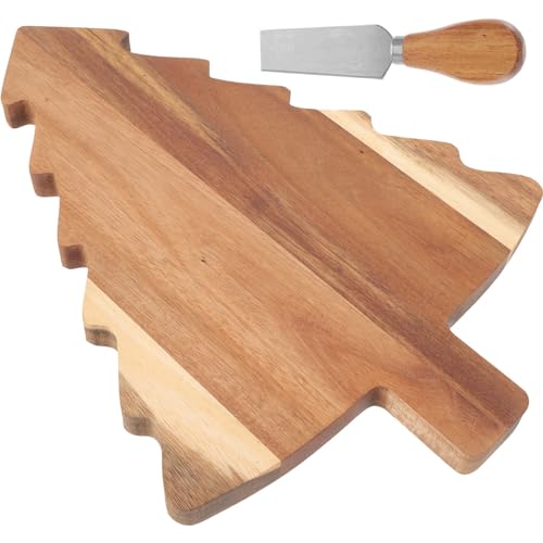 Amosfun Christmas Tree Charcuterie Board Wood Cutting Board Food Serving Tray Cheese Bread Pizza Snack Plate with Cutter for Vegetables Fruit Bread Amosfun