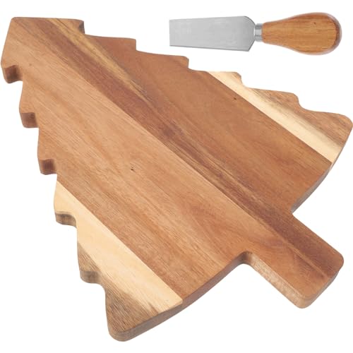 Amosfun Christmas Tree Charcuterie Board Wood Cutting Board Food Serving Tray Cheese Bread Pizza Snack Plate with Cutter for Vegetables Fruit Bread - WoodArtSupply