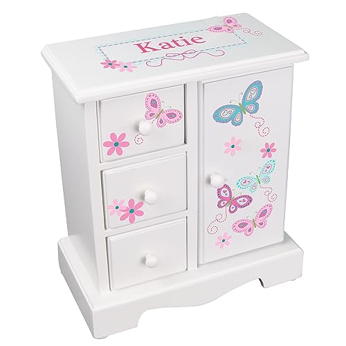 My Bambino Personalized Jewelry Box Amoire Tall Wood Organizer Chest for Girls (Teal Pink Butterflies) - WoodArtSupply