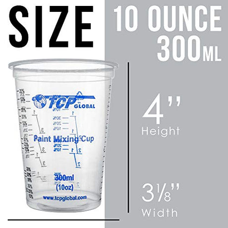TCP Global 10 Ounce (300ml) Disposable Flexible Clear Graduated Plastic Mixing Cups - Box of 50 Cups & 50 Mixing Sticks - Use for Paint, Resin, TCP Global