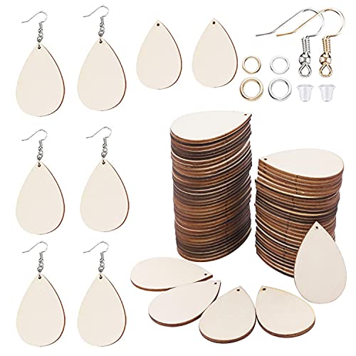 Ourart 500 Pcs Unfinished Wooden Earrings, 100Pcs Blank Natural Wood Pendants100 Pcs Earring Hooks, 200 Pcs Jump Rings and 100 Pcs Earrings Backs for