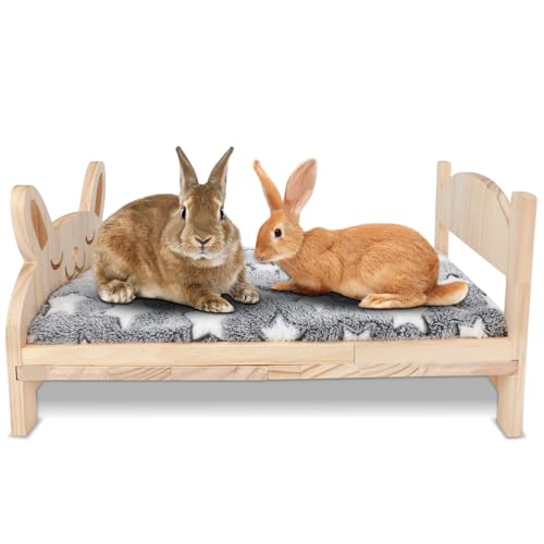 BWOGUE Large Wooden Rabbit Bed, 2 in 1 Folding Wooden Pet Bed with Removable Cushion Small Animals Bed for Rabbits Bunny Guinea Pigs Kittens Puppy - WoodArtSupply