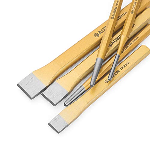 Acrux7 6 Pcs Cold Chisel Set - Flat Chisel, Center Chisel, Cylindrical Chisel, with Canvas Bag, Cone Chisel for Brickwork, Concrete, Metal, Stone Acrux7