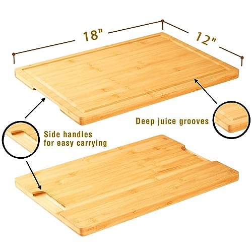 Bamboo Cutting Board for Kitchen, 18" Large Wood Charcuterie Cheese Board, Wooden Chopping Block with Side Handles and Juice Grooves - WoodArtSupply