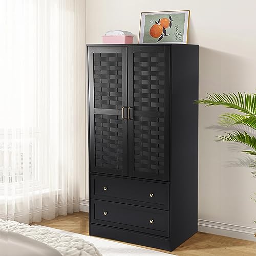 LEVNARY Armoire Wardrobe Closet with 2 Woven Doors, Wardrobe Cabinet with 2 Storage Drawers and Hanging Rail, Freestanding Wooden Closet for Bedroom LEVNARY