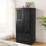LEVNARY Armoire Wardrobe Closet with 2 Woven Doors, Wardrobe Cabinet with 2 Storage Drawers and Hanging Rail, Freestanding Wooden Closet for Bedroom LEVNARY