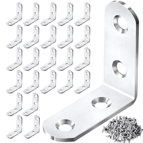 24PCS Silver L Bracket Corner Sets 90 Degree Corner Brace Metal Right Angle Bracket Stainless Steel for Wood Shelves Cabinet Furniture Tables Chairs PICRALT