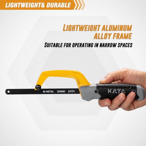 KATA Hacksaw, Compact Hand Operating Hack Saw with 10 Inch Aluminum Frame and 2 Piece Extra Flexible Bi-Metal HSS Blades, Suitable for Wood and Metal KATA