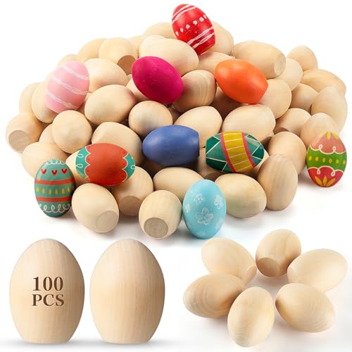 Beeveer 100 Pcs Easter Wooden Eggs for Crafts Smooth Standable Wooden Easter Eggs to Paint Flat Bottom Unfinished Fake Chicken Eggs for Easter DIY - WoodArtSupply