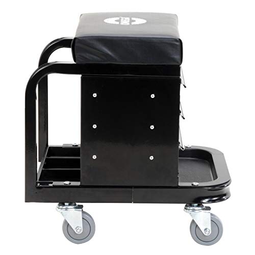 Omega-Lift Mechanic Stool with Wheels – Tool Box with Padded Chair Seat and Rolling Wheels for Garage – 450 Lbs Capacity - WoodArtSupply