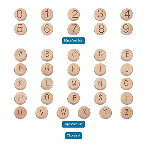 Pandahall 72pcs Wooden Alphabet Number Beads Set Unfinished Beech Flat Round Loose Spacer Beads for DIY Crafts Jewelry Making Personalized Name ID PH PandaHall