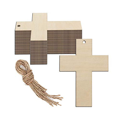 JANOU 20pcs Cross Shaped Wood DIY Craft Cutouts Cross Unfinished Wood Gift Tags Ornaments with Ropes for Wedding Birthday Happy Easter Party