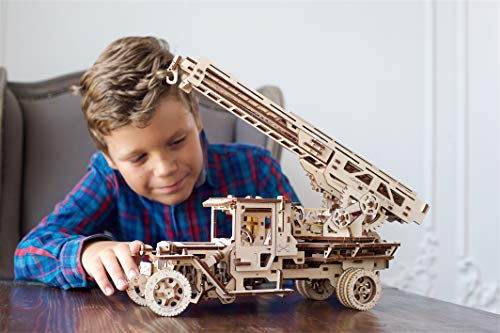 Ugears Wooden 3D Fire Truck Model Kit - Lever Operated Rotatable Retractable Ladder UGEARS
