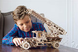 Ugears Wooden 3D Fire Truck Model Kit - Lever Operated Rotatable Retractable Ladder UGEARS
