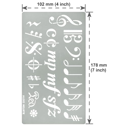 Aleks Melnyk No.425 Metal Stencil, Song Writer's Composing Template for Music Notes, 1 PC, Large Symbols, Bullet Journaling, Bookmark, Engraving - WoodArtSupply