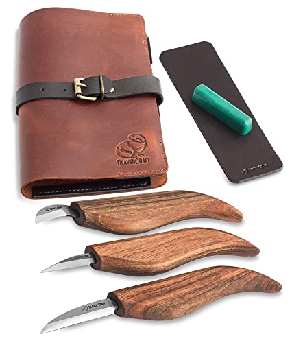 BeaverCraft Wood Carving Kit Deluxe Whittling Knives Set & Leather Strop for Carving Knife S15X Wood Carving Knives Set, Tools & Knife Strop with BeaverCraft