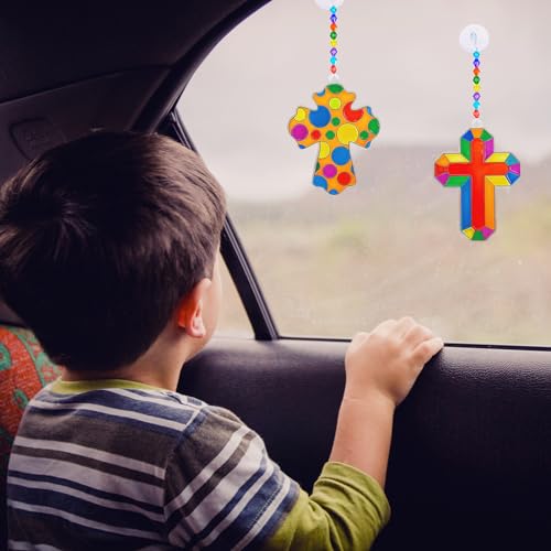 Winlyn 27 Sets Cross Suncatchers Ornaments Decorations DIY Window Paint Art Suncatchers Cross Craft Kits Cross Sun Catchers for Kids Sunday School Winlyn
