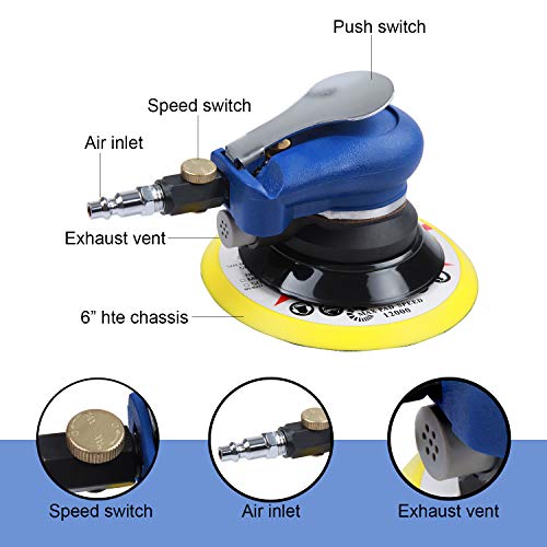 YELWAY 6" Air Palm Random Orbital Sander, Dual Action Pneumatic Polisher Speed Adjustable Grinding Sanding w/Pad YELWAY