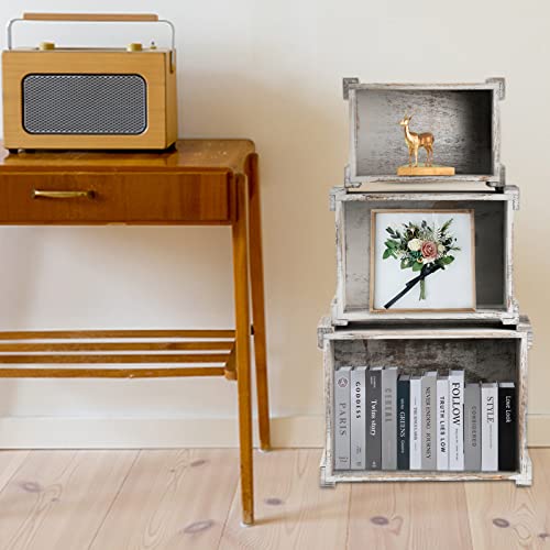 Hacaroa 3 Pack Wood Crates with Handles, Rustic Nesting Storage Container Box Decorative Wooden Basket Bins for Fruit, Vegetable, Home, Laundry, Hacaroa