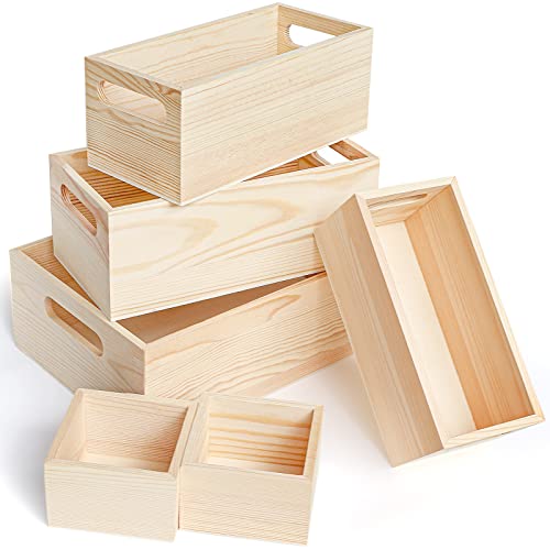 Aweyka 6 Packs Unfinished Wood Box in 5 Sizes Rustic Handles Wooden Box Storage Organizer Container Craft Box Nesting Treasure Boxes for Crafts Home