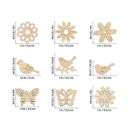 Creaides 100pcs Mini Bird Wood DIY Crafts Cutouts Wooden Bird Flower Butterfly Slices Embellishments Gift Unfinished Wood Ornaments for DIY Projects