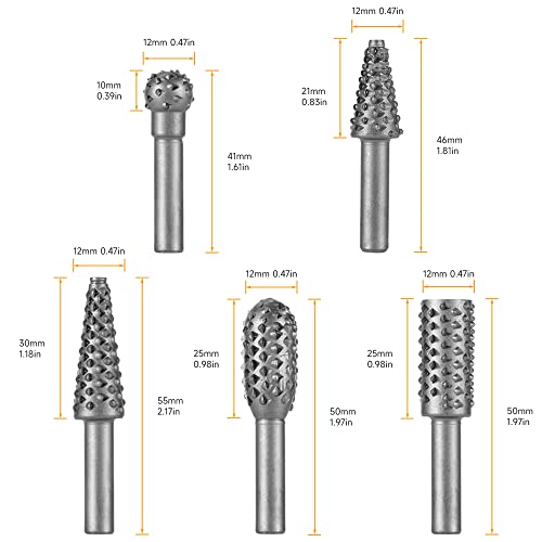 Hoteche Rotary Burr Set 5-Piece 1/4" Shank Carving Engraving Drill Bits Universal Fitment Rotary Tool Rasp Bits for Wood and Plastic Fit with Dremel, - WoodArtSupply