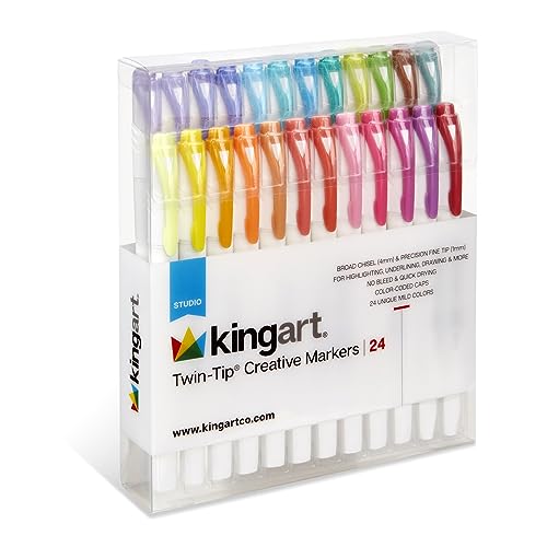 KINGART Twin-Tip Creative Markers, Soft Mild Pastel Highlighter Pens, Broad & Fine Tips, Set of 24 - WoodArtSupply