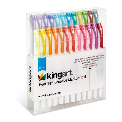 KINGART Twin-Tip Creative Markers, Soft Mild Pastel Highlighter Pens, Broad & Fine Tips, Set of 24 - WoodArtSupply