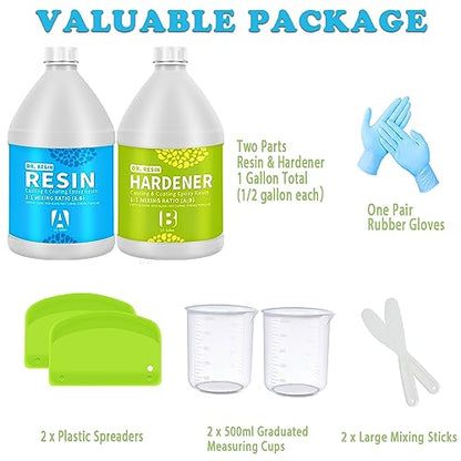 DR. RESIN 2 Part 1 Gallon Clear Epoxy Resin Kit (0.5 Gal Resin + 0.5 Gal Hardener) Crystal Jewelry Tabletop Resin with Cups Sticks Spreaders Gloves - WoodArtSupply