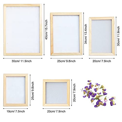 Cayway 11 Pack Paper Making Screen Kit Include 5 PCS Wooden Paper Making Mold Frame, Dried Flowers, Replace Mesh Cloth, Spoon Stirrer and Tweezers